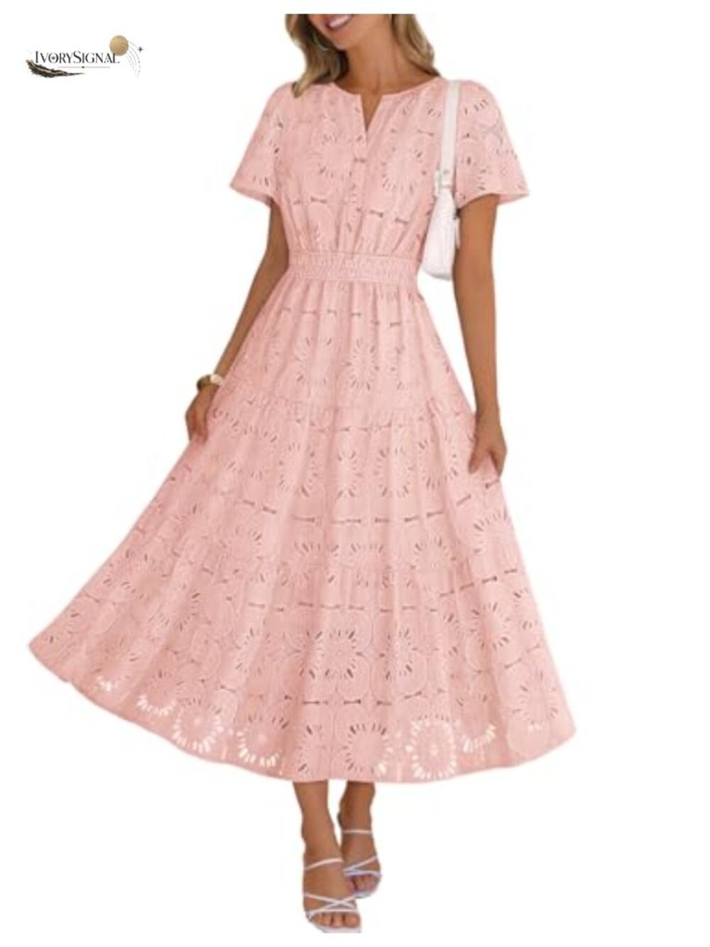 Women's Summer Floral Eyelet Lace Maxi Dress Boho Short Sleeve